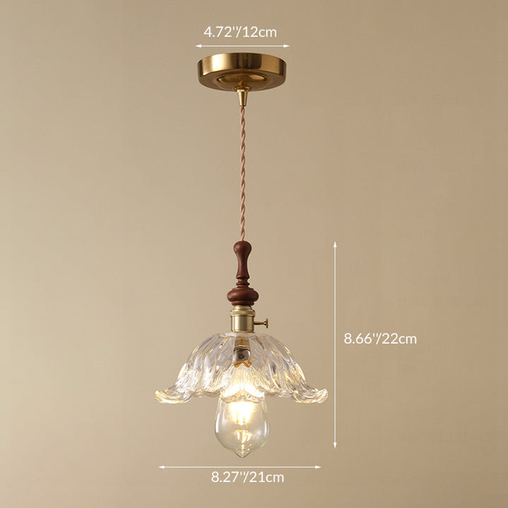 Traditional French Ash Wood Metal Glass Flower 1-Light Pendant Light For Bedroom