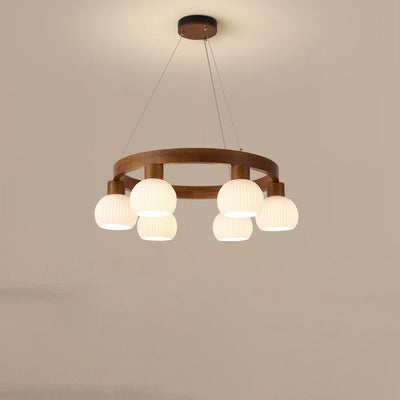 Lustre traditionnel chinois en bois massif avec branches rondes et haricots magiques en verre à 3/6 lumières pour salon 