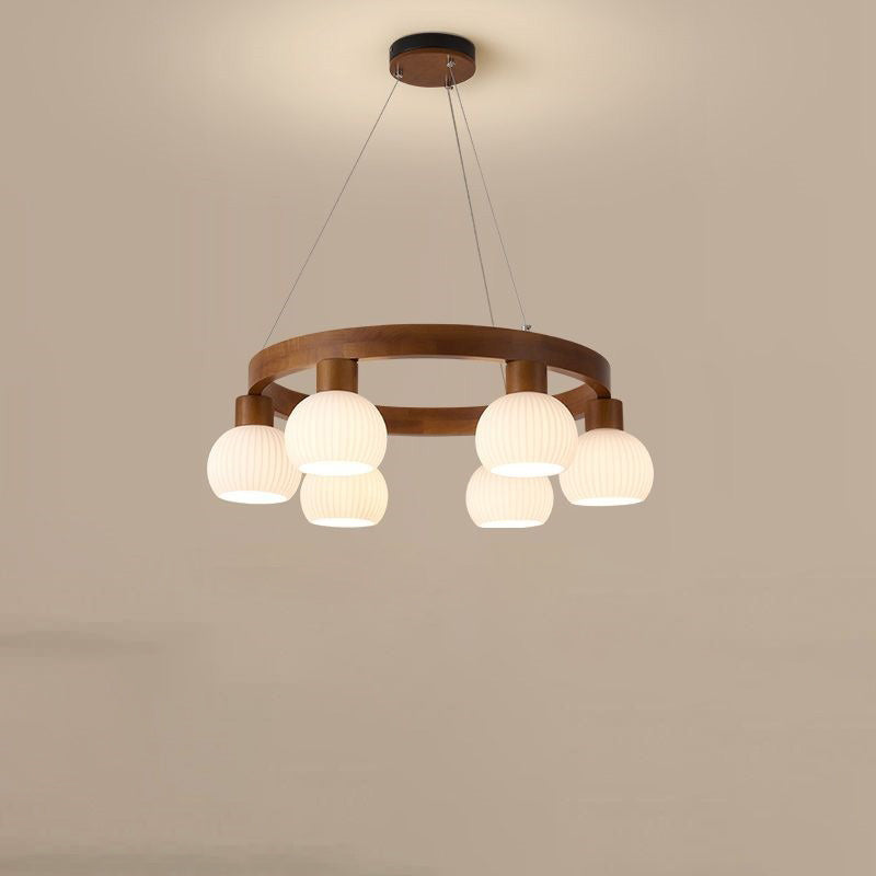 Lustre traditionnel chinois en bois massif avec branches rondes et haricots magiques en verre à 3/6 lumières pour salon 