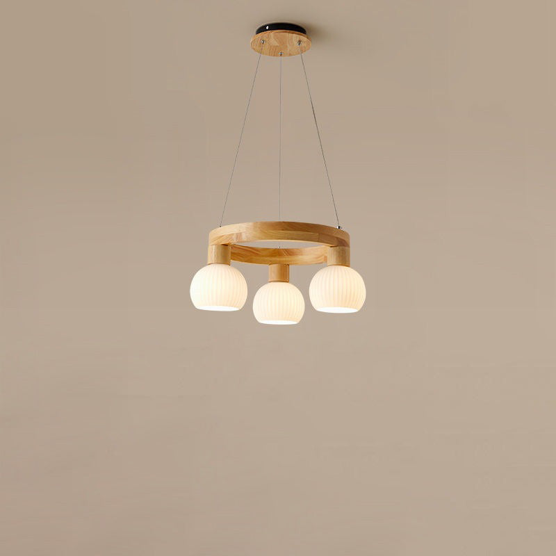 Lustre traditionnel chinois en bois massif avec branches rondes et haricots magiques en verre à 3/6 lumières pour salon 