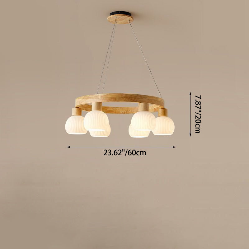 Lustre traditionnel chinois en bois massif avec branches rondes et haricots magiques en verre à 3/6 lumières pour salon 