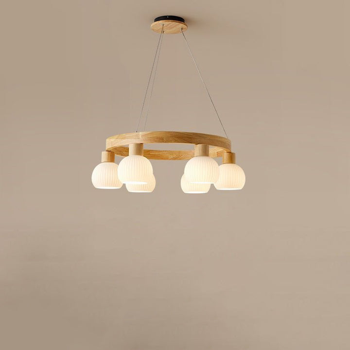 Lustre traditionnel chinois en bois massif avec branches rondes et haricots magiques en verre à 3/6 lumières pour salon 