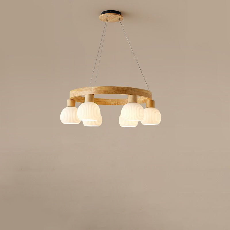 Lustre traditionnel chinois en bois massif avec branches rondes et haricots magiques en verre à 3/6 lumières pour salon 