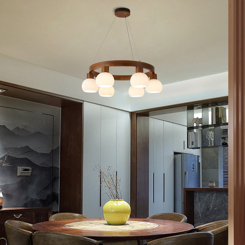Lustre traditionnel chinois en bois massif avec branches rondes et haricots magiques en verre à 3/6 lumières pour salon 