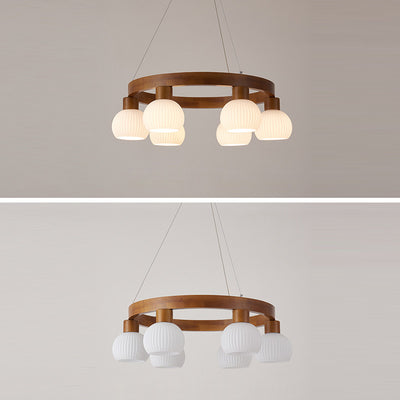 Lustre traditionnel chinois en bois massif avec branches rondes et haricots magiques en verre à 3/6 lumières pour salon 