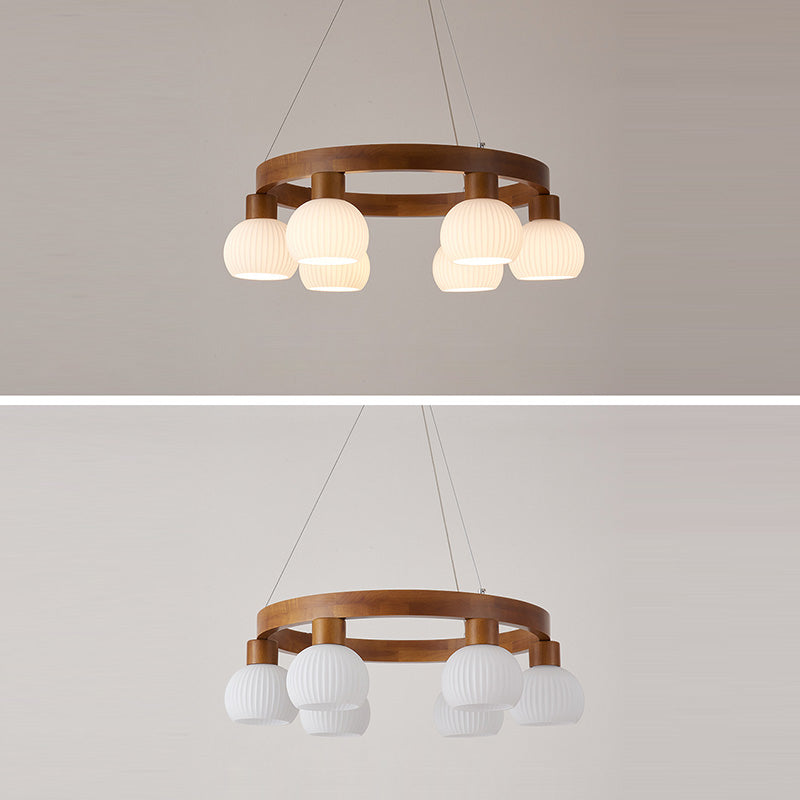 Lustre traditionnel chinois en bois massif avec branches rondes et haricots magiques en verre à 3/6 lumières pour salon 