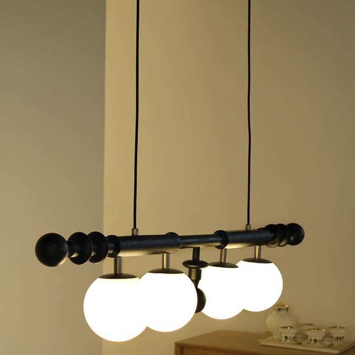 Traditional Chinese Magic Bean Long Orb Glass Iron Solid Wood 4-Light Island Light Chandelier For Living Room