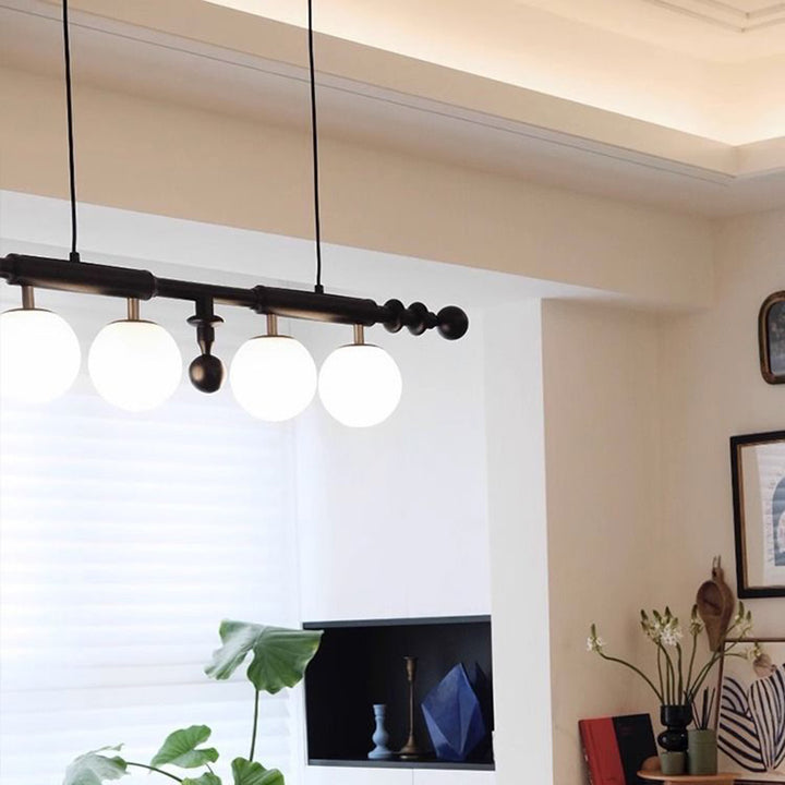 Traditional Chinese Magic Bean Long Orb Glass Iron Solid Wood 4-Light Island Light Chandelier For Living Room