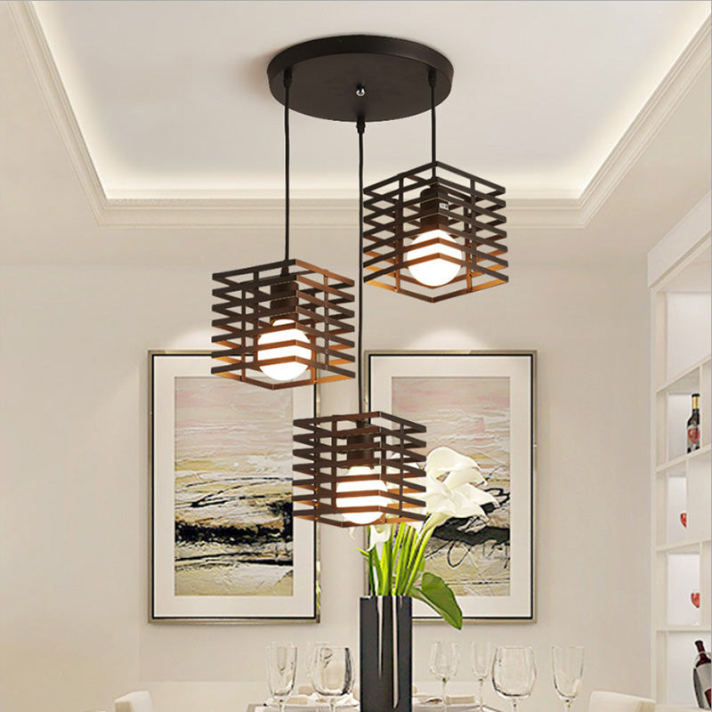 Lustre contemporain créatif ajouré en verre carré marbre fer à 3 lumières pour salon 