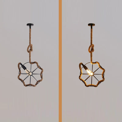 Zeitgenössische industrielle runde Kugel Sisal Eisen 1-Licht Pendelleuchte für Schlafzimmer 