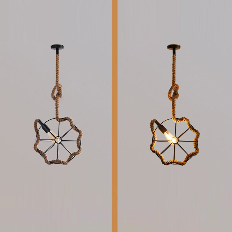 Zeitgenössische industrielle runde Kugel Sisal Eisen 1-Licht Pendelleuchte für Schlafzimmer 