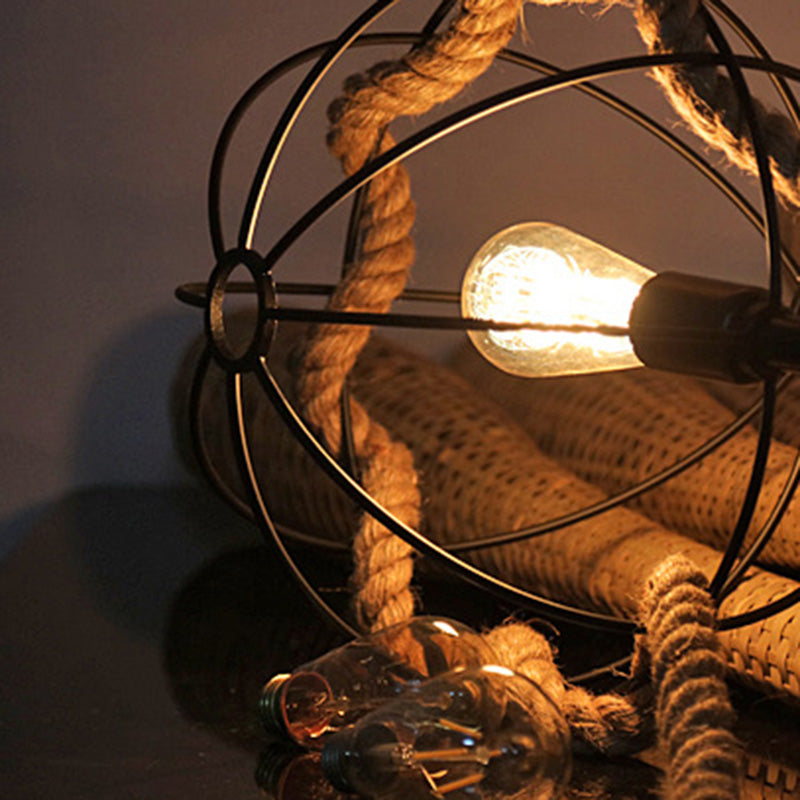 Zeitgenössische industrielle runde Kugel Sisal Eisen 1-Licht Pendelleuchte für Schlafzimmer 