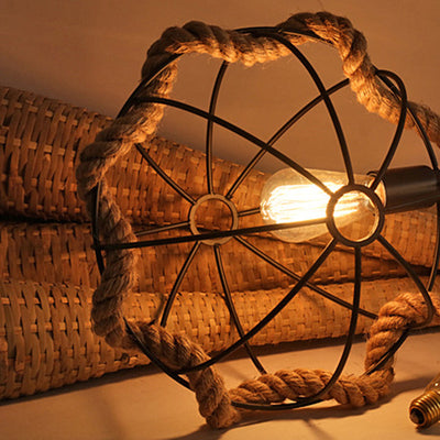 Zeitgenössische industrielle runde Kugel Sisal Eisen 1-Licht Pendelleuchte für Schlafzimmer 