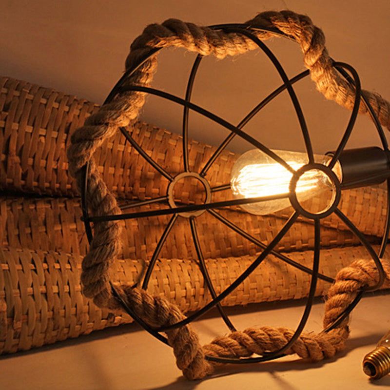 Zeitgenössische industrielle runde Kugel Sisal Eisen 1-Licht Pendelleuchte für Schlafzimmer 