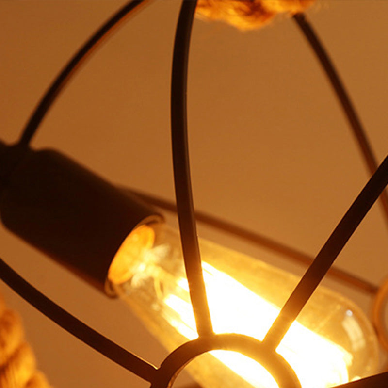 Suspension lumineuse contemporaine industrielle sphérique en sisal et fer à 1 lumière pour chambre 