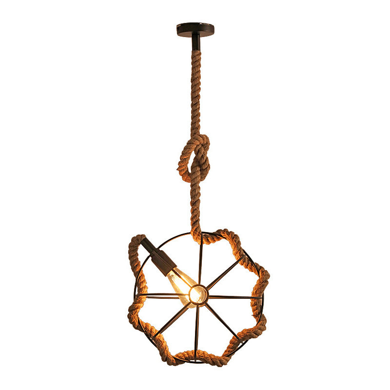 Zeitgenössische industrielle runde Kugel Sisal Eisen 1-Licht Pendelleuchte für Schlafzimmer 