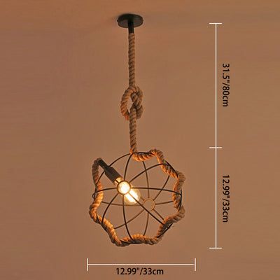 Zeitgenössische industrielle runde Kugel Sisal Eisen 1-Licht Pendelleuchte für Schlafzimmer 