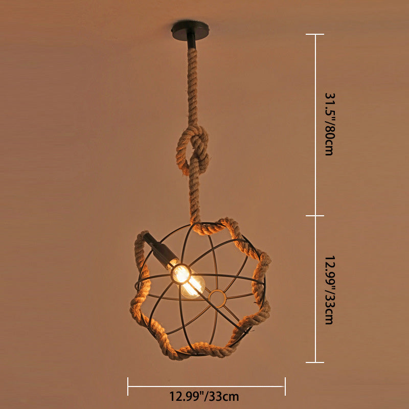 Zeitgenössische industrielle runde Kugel Sisal Eisen 1-Licht Pendelleuchte für Schlafzimmer 