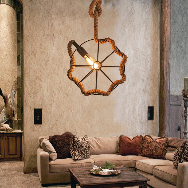 Suspension lumineuse contemporaine industrielle sphérique en sisal et fer à 1 lumière pour chambre 