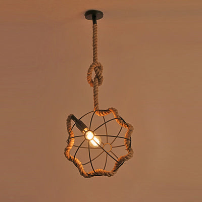 Zeitgenössische industrielle runde Kugel Sisal Eisen 1-Licht Pendelleuchte für Schlafzimmer 