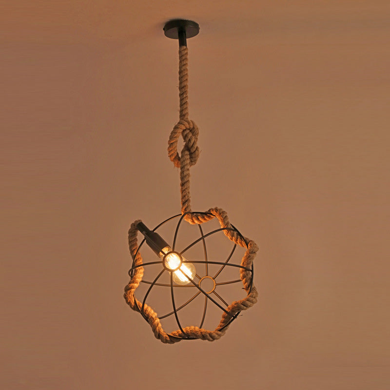 Zeitgenössische industrielle runde Kugel Sisal Eisen 1-Licht Pendelleuchte für Schlafzimmer 