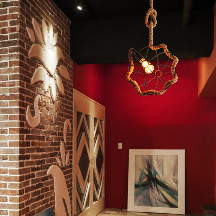 Suspension lumineuse contemporaine industrielle sphérique en sisal et fer à 1 lumière pour chambre 