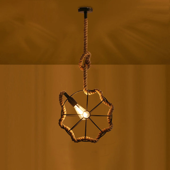 Suspension lumineuse contemporaine industrielle sphérique en sisal et fer à 1 lumière pour chambre 