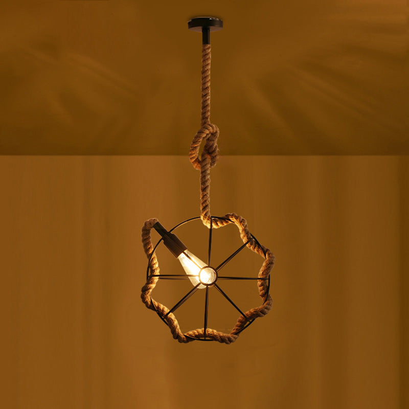 Zeitgenössische industrielle runde Kugel Sisal Eisen 1-Licht Pendelleuchte für Schlafzimmer 