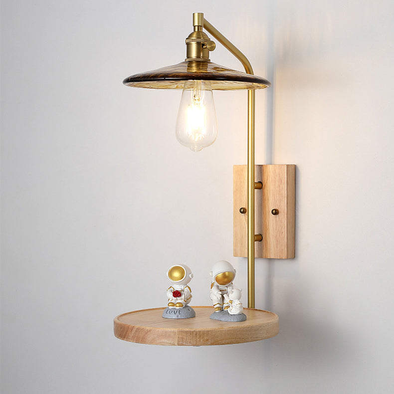 Traditionelle chinesische runde quadratische Wandleuchte aus Glas, Holz und Eisen, 1 Licht, für Wohnzimmer 