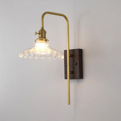 Traditionelle chinesische runde quadratische Wandleuchte aus Glas, Holz und Eisen, 1 Licht, für Wohnzimmer 