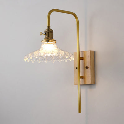 Traditionelle chinesische runde quadratische Wandleuchte aus Glas, Holz und Eisen, 1 Licht, für Wohnzimmer 