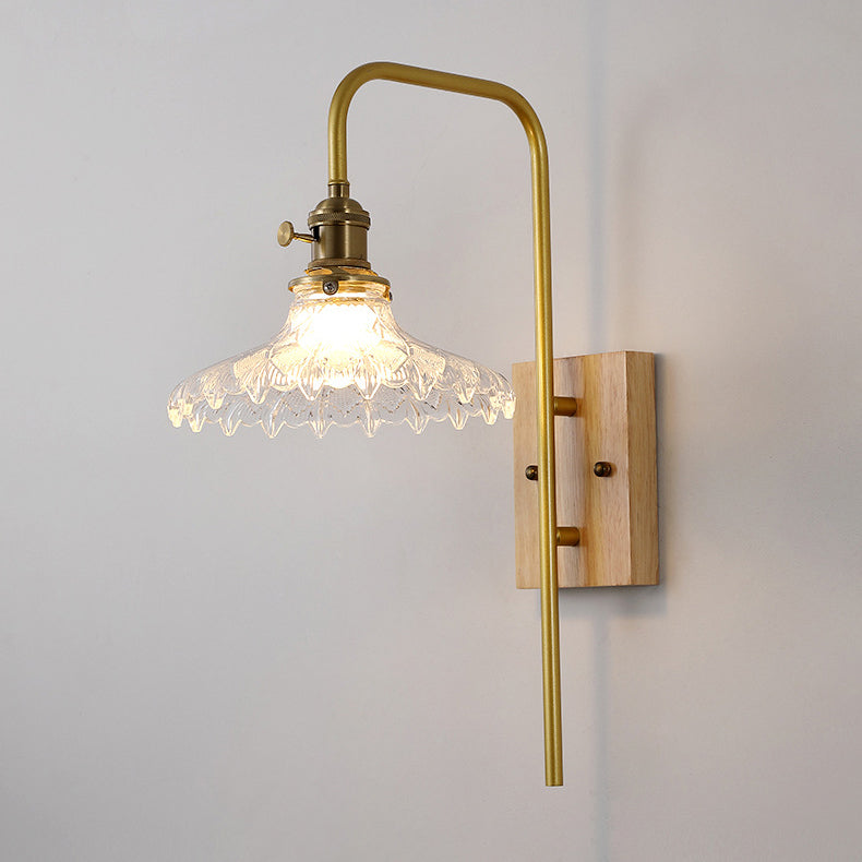 Traditionelle chinesische runde quadratische Wandleuchte aus Glas, Holz und Eisen, 1 Licht, für Wohnzimmer 