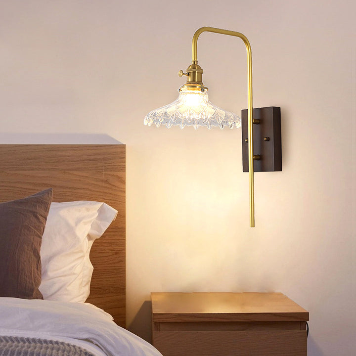 Traditional Chinese Round Square Glass Rubberwood Iron 1-Light Wall Sconce Lamp For Living Room
