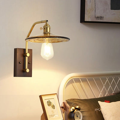 Traditionelle chinesische runde quadratische Wandleuchte aus Glas, Holz und Eisen, 1 Licht, für Wohnzimmer 