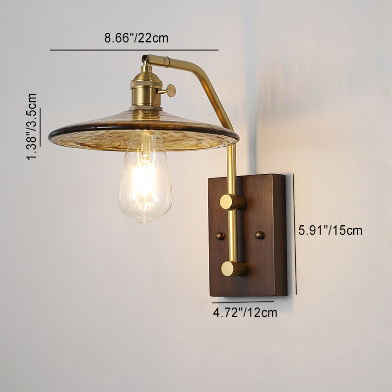 Traditionelle chinesische runde quadratische Wandleuchte aus Glas, Holz und Eisen, 1 Licht, für Wohnzimmer 