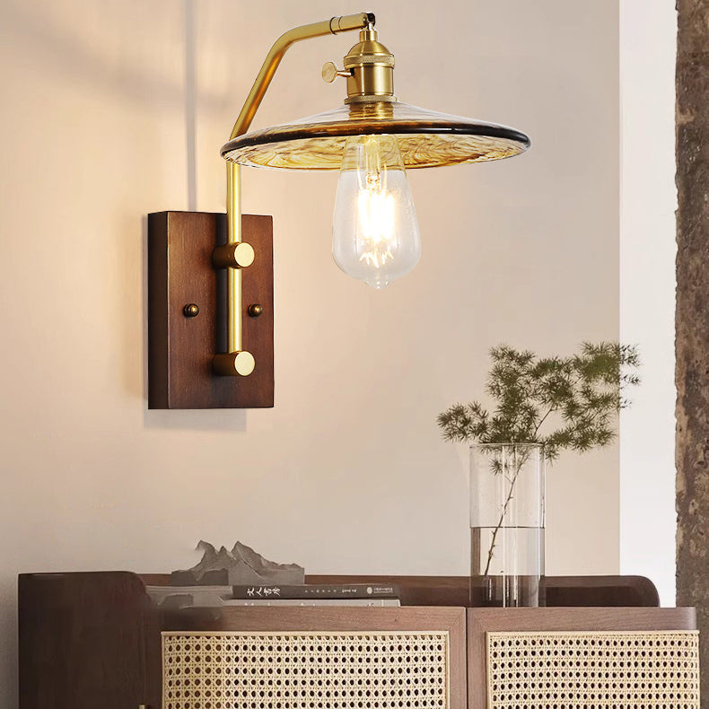 Traditionelle chinesische runde quadratische Wandleuchte aus Glas, Holz und Eisen, 1 Licht, für Wohnzimmer 