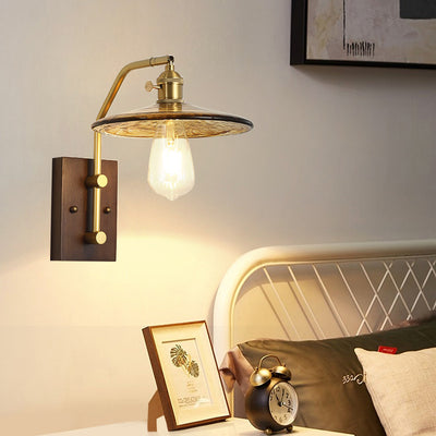Traditionelle chinesische runde quadratische Wandleuchte aus Glas, Holz und Eisen, 1 Licht, für Wohnzimmer 