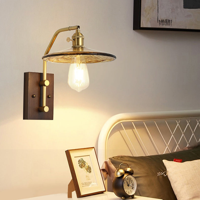 Traditionelle chinesische runde quadratische Wandleuchte aus Glas, Holz und Eisen, 1 Licht, für Wohnzimmer 