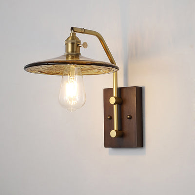 Traditionelle chinesische runde quadratische Wandleuchte aus Glas, Holz und Eisen, 1 Licht, für Wohnzimmer 