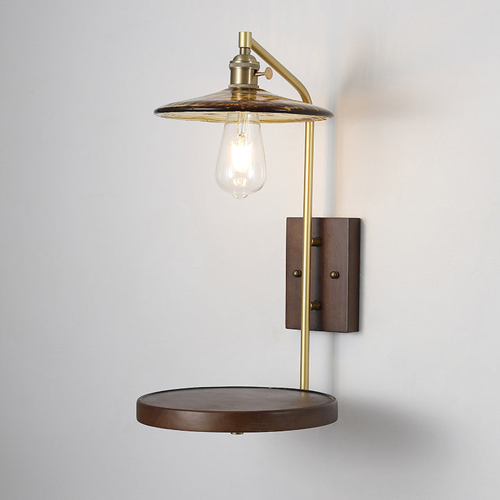 Traditional Chinese Round Square Glass Rubberwood Iron 1-Light Wall Sconce Lamp For Living Room