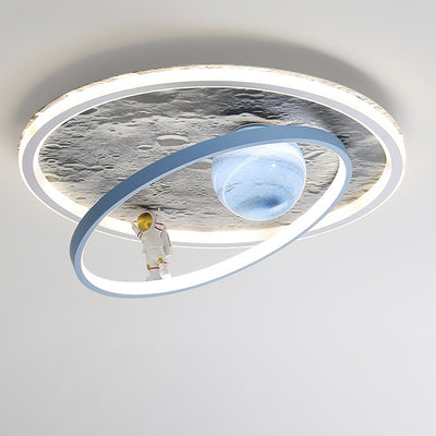 Modern Art Deco Cartoon Astronaut Moon Round Resin Aluminum Iron LED Flush Mount Ceiling Light For Bedroom