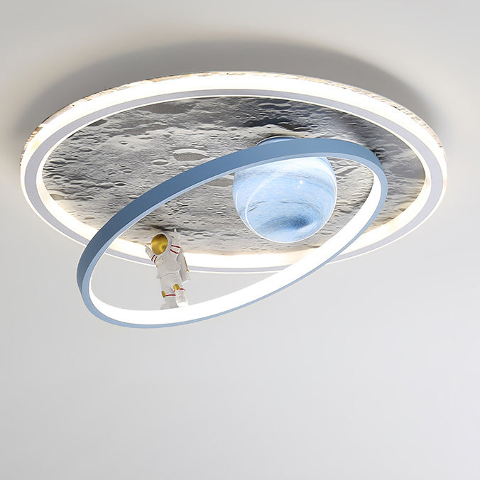 Modern Art Deco Cartoon Astronaut Moon Round Resin Aluminum Iron LED Flush Mount Ceiling Light For Bedroom