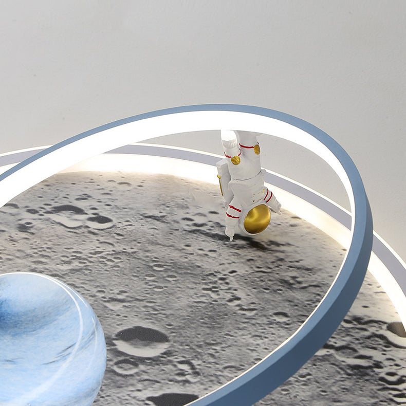 Modern Art Deco Cartoon Astronaut Moon Round Resin Aluminum Iron LED Flush Mount Ceiling Light For Bedroom