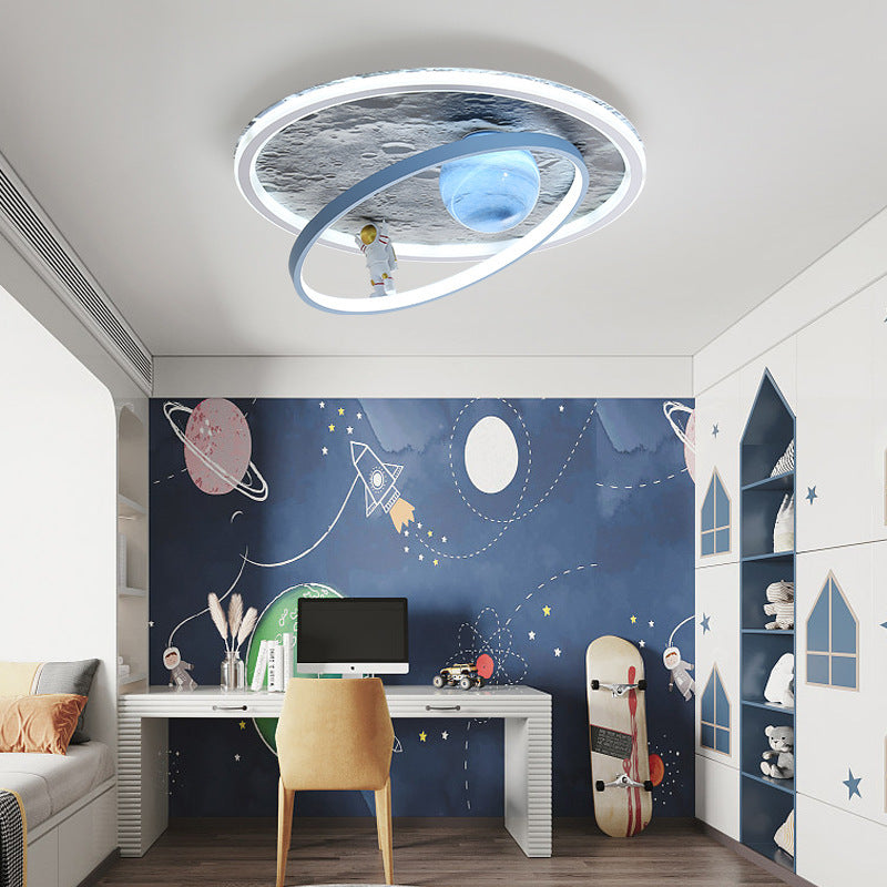 Modern Art Deco Cartoon Astronaut Moon Round Resin Aluminum Iron LED Flush Mount Ceiling Light For Bedroom
