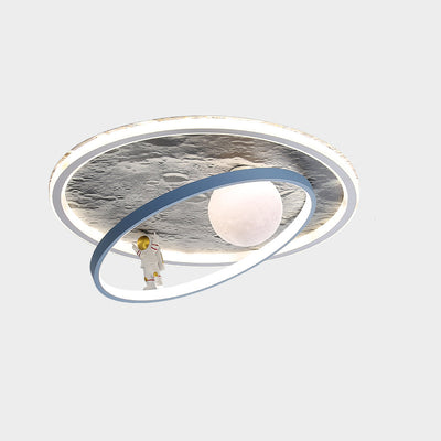 Modern Art Deco Cartoon Astronaut Moon Round Resin Aluminum Iron LED Flush Mount Ceiling Light For Bedroom