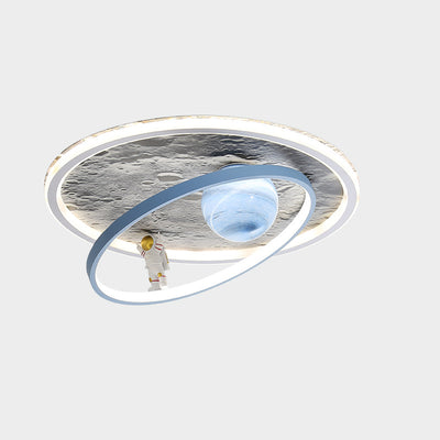 Modern Art Deco Cartoon Astronaut Moon Round Resin Aluminum Iron LED Flush Mount Ceiling Light For Bedroom