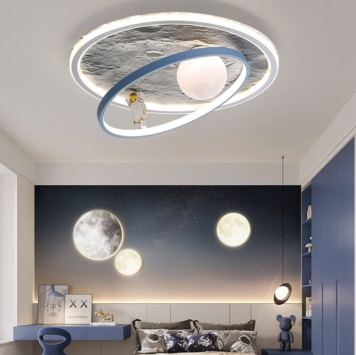 Modern Art Deco Cartoon Astronaut Moon Round Resin Aluminum Iron LED Flush Mount Ceiling Light For Bedroom