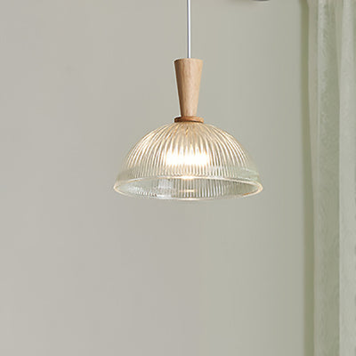 Traditional Japanese Round Cylinder Glass Rubberwood 1-Light Pendant Light For Bedroom