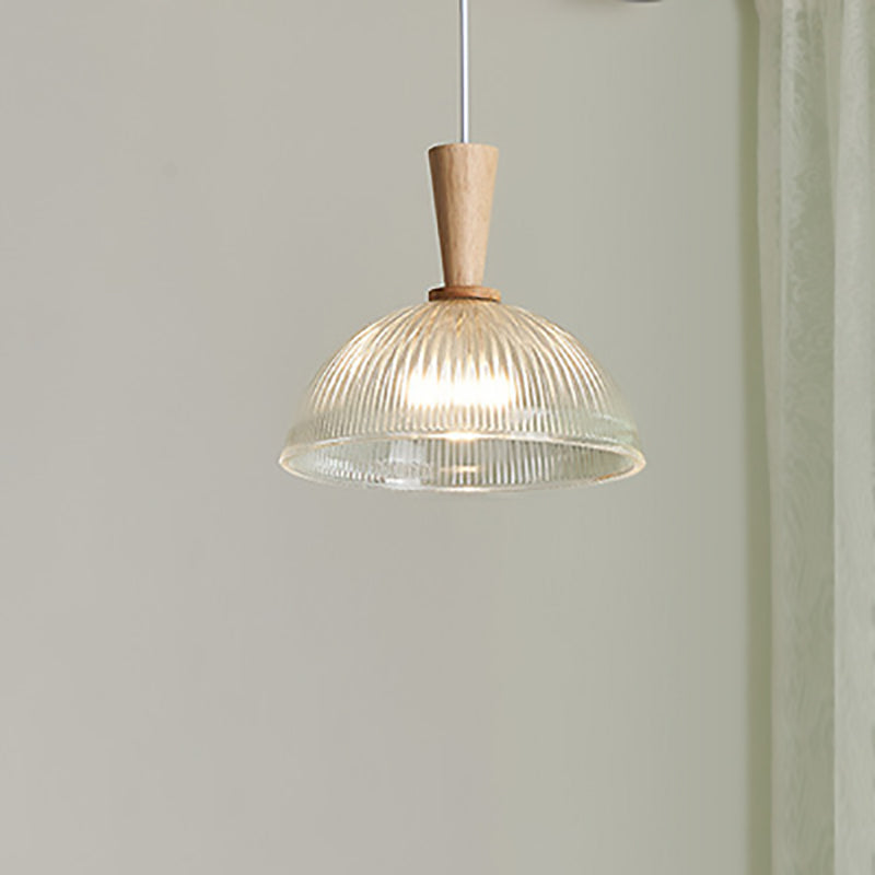 Traditional Japanese Round Cylinder Glass Rubberwood 1-Light Pendant Light For Bedroom
