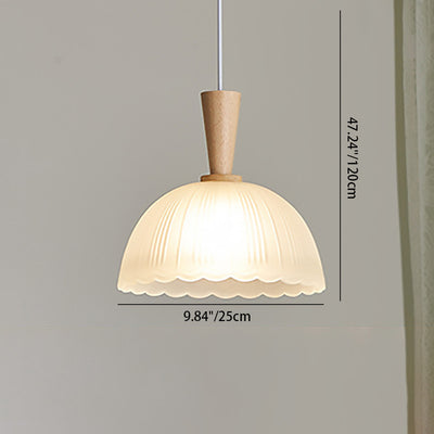 Traditional Japanese Round Cylinder Glass Rubberwood 1-Light Pendant Light For Bedroom